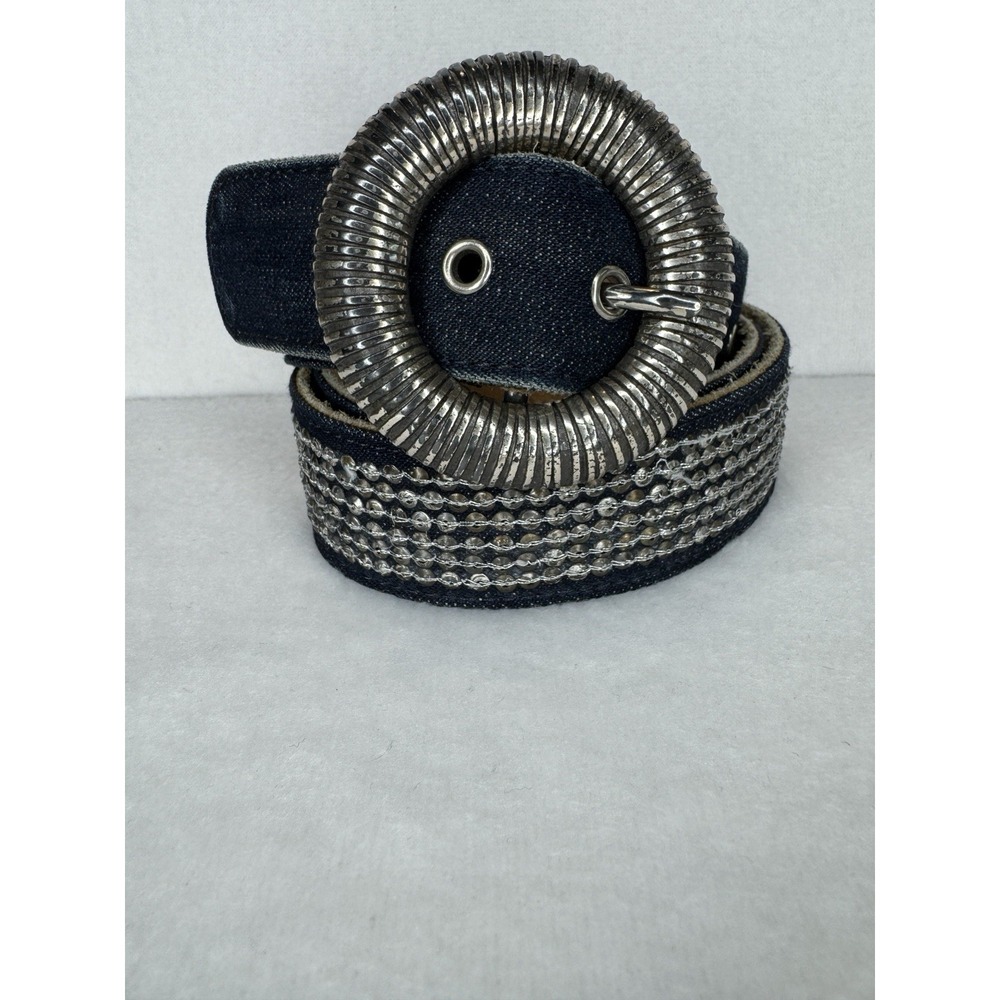 Chicos Denim Belt Round Silver Buckle‎ Beaded Accent Genuine Leather Size M